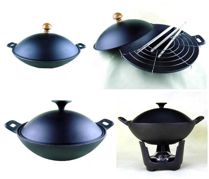 Cast Iron Chinese wok with wood lid