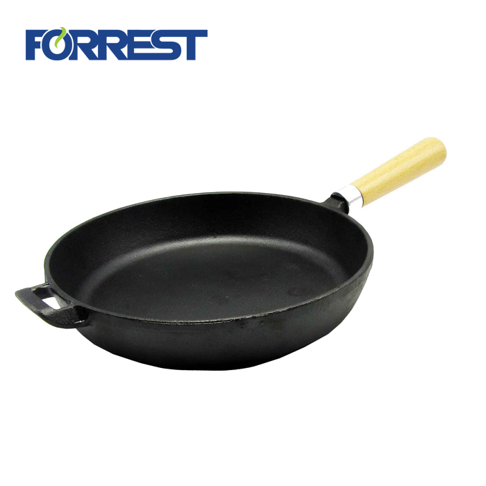 Round pre seasoned Frying pan cast iron skillet with wooden handle